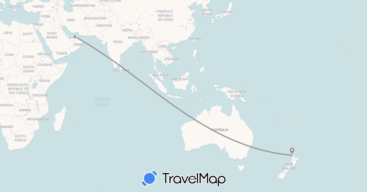 TravelMap itinerary: driving, plane in United Arab Emirates, New Zealand (Asia, Oceania)